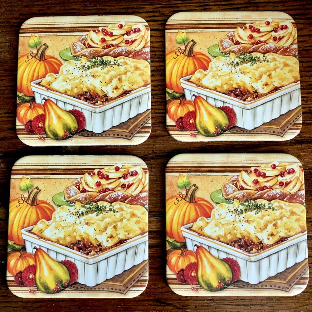 Vintage Fall Autumn Feast Pumpkin Casserole Cork Bottom Square Coaster Set of 4
